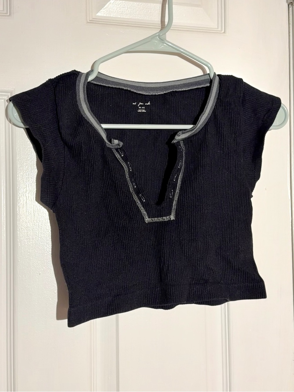 Urban Outfitters Black Ribbed Henley Top with Grey Trim